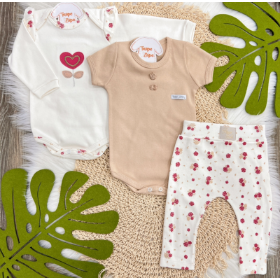 Conj. de Malha 3 peças - Flor de Coração - Off White e Vermelho